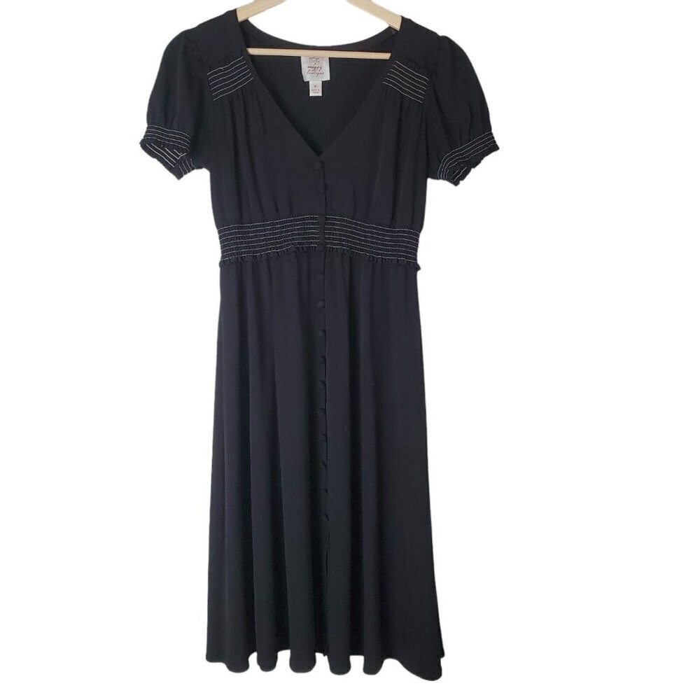Suzi Chin Dress Womens 6 Black Fit & Flare‎ Retro Jersey Knit Button Smock Waist